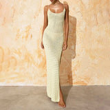 Bonnyshow  Beach Boho Knitted Maxi Dress Women Slim Split Dress Vintage Crochet Backless Tie Up Long Dress Cocktail Club Party