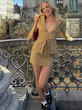 Bonnyshow  Retro Lace Up Suit Jacket Mini Skirt Set Women Sexy Hollow Out Lapel Jackets A-lined Skirts Female's Sets 2025 Chic Streetwear