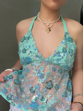 Bonnyshow  Sexy Sequin Embroidery Halter Top Women Delicate Floral Pattern Exquisite Mesh Tanks Female 2025 Summer Beach Vacation Lady Vest