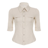 Bonnyshow  Fashion Solid Packet Slim Fit Women Shirts Causal Y2k Summer Chic Up Turn Down Collar Basic Blouses