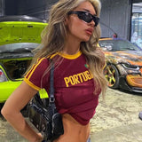 Bonnyshow Y2k Portugal Embroidery Pattern Print Fairy Core Crop Top Baby Slim Tee Summer Casual O-neck Short Sleeve Red T-shirt Streetwear