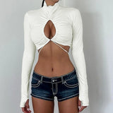 Bonnyshow Women T-shirt New Autumn Sexy Hollow Out Solid Cropped Top Streetwear Fashion Long Sleeves Casual Slim Female Turtleneck T-shirt