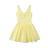 Bonnyshow  Hollow Out Embroidery Yellow Tank Dress Women V Neck Sleeveless A-line Mini Summer Dresses Holiday Party Robe