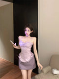 Bonnyshow  Lolita Girl Suit Women Clothes Purple Lace Y2k Slim Skirt Set Sleeveless Sexy Tank Top Bows Mini Skirt 2 Piece Outfits