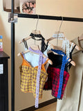 Bonnyshow  Summer Sweet Spice Girl Lace Outerwear Crop Top American Style Fake Two-piece Plaid Contrasting Color Sling Vest Women's