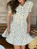 Bonnyshow  French Floral Print Women's Elegant Short Sleeve A-Line Dresses Summer Sweet Country Style Casual High Waist Dress New