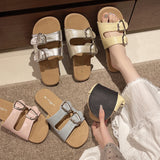 Bonnyshow  Belt Buckle Slippers Women's Fashion Round Head Open Toe Metal Buckle Soft Soled Non-slip Wear-resistant Flat Shoes