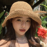 Bonnyshow Flowers Adults Female Straw Hat Summer Hats Korean Fashions Caps Women Beach Seaside Vacation UV Sunscreen Foldable Sun Hat