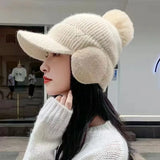 Bonnyshow Winter Knit Earflap Hat for Women Solid Color Pompom Ear Protection Baseball Cap Female Outdoor Cycling Earmuff Caps Gorras 겨울모자