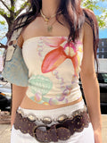 Bonnyshow  Fashion Simple Flower Prints Slim Fit Women Straps Tops Causal Design Summer Basic Hottie Holiday Style Blouses