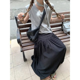 Bonnyshow Summer New Streetwear High Waist Pleated Loose Casual A-line Skirt Women + Solid Color Sleeveless T-Shirt Two-piece Suit