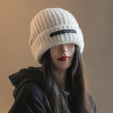 Bonnyshow Korean Letter Knitted Beanie Cap Women Solid Color Woolen Crochet Hat Autumn Winter Thicken Warm Slouchy Baggy Hats