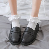 Bonnyshow White Lolita Japanese Frilly Ruffle Socks Women Socks Solid White Black Meshes Lace Girls Sweet Harajuku Kawaii Cute Short Socks