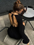 Bonnyshow  Knitted Backless Mini Dress For Women Lace Up Loose Solid Sexy Short Dresses Hot Girls Club Casual High Waist Dress Femme