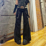 Bonnyshow Women Pants Hip Hop High Waist Bandage Streetwear Rivet Trousers Goth Dark Gothic Grunge Black Pants Harajuku Punk Wide Leg