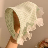 Bonnyshow Korean Plaid Triangle Hair Scarf Women Double Sided Lace Headscarf Summer Sunscreen Girls Headwrap Headband Photo Props