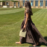 Bonnyshow  Solid Pleated Short Sleeve Women Dress Minimalist Waist Loose Skirt 2025 Summer Casual Female Vestido Daily Commuting Lady Robe
