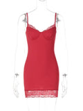 Bonnyshow  Fashion Spaghetti Strap Red Dress Streetwear 2025 Summer Women's Chic V-neck Lace Patchwork Mini Party Dresses Night Club Outfit