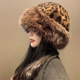 Bonnyshow Vintage Leopard Bucket Hat for Women Warm Fluffy Fur Fisherman Cap Winter Thicken Plush Female Mongolian Hats Christmas Gifts