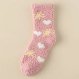 Bonnyshow Cute Coral Velvet Socks Women Winter Warm Plush Middle Tube Sleeping Socks Girls Harajuku Cartoon Star Pattern Floor Socks