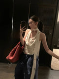 Bonnyshow  Satin Printed Sleeveless Halter TopsWomen Camisole Summer Spicy Girl Fashion Short Slim Fit Backless Tank Top Women