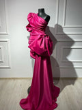 Bonnyshow Fuchsia One Shoulder Crystal Embellished Mini Dresses With Side Bow Overlay Real Image Puff Sleeves Formal Party Dress
