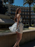 Bonnyshow  Retro Printed Ruffles Tube Mini Dresses Women Elegant Sleeveless Puffy Print Waist-cinching Dress Female 2025 Summer Chic Street