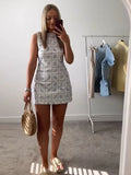 Bonnyshow  Print Sleeveless Short Dress Woman Patchwork Round Neck Solid Slim A-line Dresses Fashion Summer Vacation Beach Women's Vestidos
