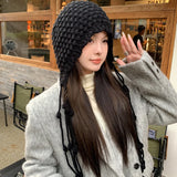 Bonnyshow Korean Wool Tassel Knitted Hat for Women Winter Warm Ear Protection Cap Sweet Solid Color Female Pullover Hats Gorros