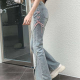 Bonnyshow American Split Jeans Women Pink Bandage High Waist Irregular Spliced Denim Pants Zipper Fly Trousers Y2k Pantalon Femme