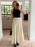 Bonnyshow  Striped Knitted Long Skirt Women Summer Tassel High Waist Maxi Skirts Women's Autumn Street Elegant Loose Skirts Female