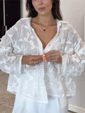 Bonnyshow  White Leaf Embroidery Loose Shirt Women Single Breasted Lapel Long Sleeve Chic Elegant Shirts 2025 Summer Holiday Blouse Tops