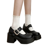 Bonnyshow  Chunky Platform High Heels Pumps Women 2025 Autumn Pu Leather Ankle Buckle Mary Jane Shoes Woman Thick Heeled White Lolita Shoes