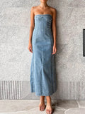 Bonnyshow  Side Slit Denim Bodycon Dress For Women Slim Sleeveless Maxi Dresses Women's Street Sexy Streetwear Woman Autumn  New