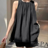 Bonnyshow  Two-Piece Solid Cotton And Linen Suit Women'S Folding Sleeveless Vest Top Women'S Summer New  Thin Loose Shorts