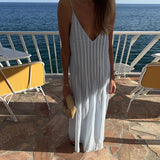 Bonnyshow  Summer Chic Pleated Long Dresses Women Elegant Loose V Neck Sleeveless High Waist Female Robes Solid Backless Lady Beachwear