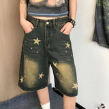 Bonnyshow American Retro Star Print Denim Shorts for Women Y2k High Waist Loose Wide Leg Pants 2024 New Straight Five-point Pants