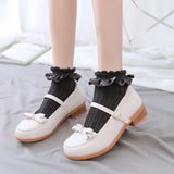 Bonnyshow White Lolita Japanese Frilly Ruffle Socks Women Socks Solid White Black Meshes Lace Girls Sweet Harajuku Kawaii Cute Short Socks