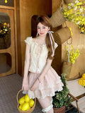 Bonnyshow  Summer Sweet Girls Two Piece Skirt Sets Lace Splicing Puff Sleeve Slim Shirt Tops + High Waist A Line Mini Skirt Outfits