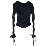 Bonnyshow Streetwear Hooded Solid Color All Match Long Sleeve T-shirt Women 2025 Spring New Korean Sexy Slim Irregular Lace-up Tops