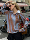 Bonnyshow Vintage Striped Women's Pullover T-shirt Turndown Collar Long Sleeve Tops Women Casual Loose Button Shirt Fashion New Pullover