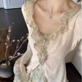 Bonnyshow  Two-Piece Set Gentle Lotus Leaf Design Niche Long-Sleeved Shirt Top Floral Skirt Spring Autumn New Waist-Hugging Slimming Suit