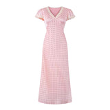 Bonnyshow  Pink Dot Print Elegant Long Dresses Women Lace Trim V Neck Short Sleeve A-line Summer Dress Party Maxi Robe