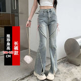 Bonnyshow American Split Jeans Women Pink Bandage High Waist Irregular Spliced Denim Pants Zipper Fly Trousers Y2k Pantalon Femme
