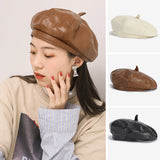 Bonnyshow Vintage PU Leather Beret Hat Women Autumn Winter Warm Octagonal Cap Elegant Solid Color Female Lady Painters Caps