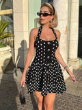 Bonnyshow  Knitted Dot Print A-E Mini Dress Women BabYoung Backless Single Breasted Elegant High Waist Dresses 2025 Spring Party Chic Robe