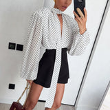 Bonnyshow  Chic Polka Dot Printed Shirt With Scarf Women Elegant Long Lantern Sleeves V Neck Loose Shirts Street 2025 Autumn New Lady Tops