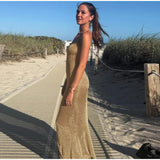 Bonnyshow  Sexy Glitter Low Cut Long Beach Dresses Women Chic Sleeveless Shiny Pleated Hem Sling Dress Female Spring Party Holiday Vestidos