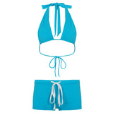Bonnyshow  Sexy Solid Beach Halter Neck Suit Bodycon Vintage Harajuku Blue Drawstring Elastic Set Slim Vacation Bikini Set