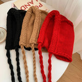 Bonnyshow Korean Knitted Balaclava Hat Handmade Winter Wool Lace Up Beanie Cap Solid Color Ear Protection Hats Christmas Accessories